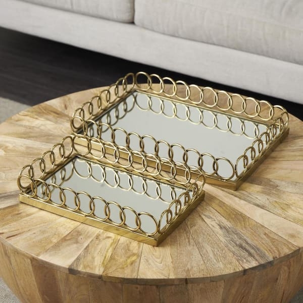 Decorative Tray Set Overlapping Rings Mirrored Gold