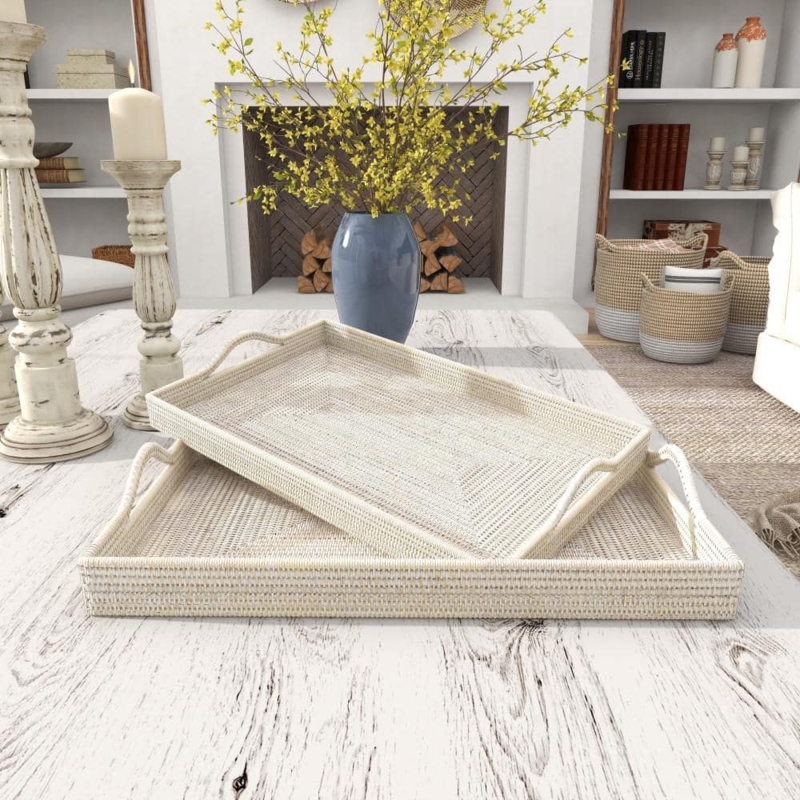 Decorative Tray Set Rattan Nested Integrated Handles Coastal
