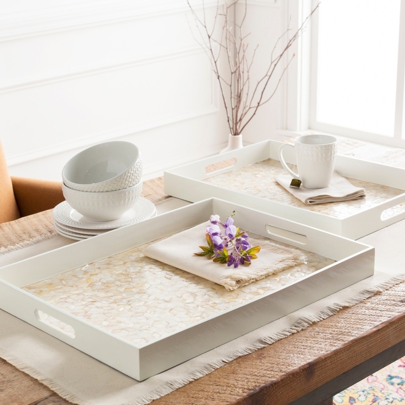 Decorative Tray Set Rectangular Mother of Pearl Inlay Gold Handles