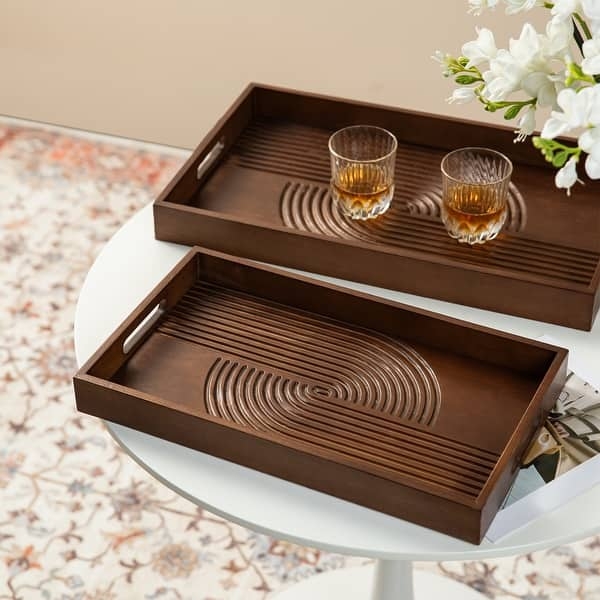 Decorative Tray Set Relief Carving Natural Wood Matte Finish