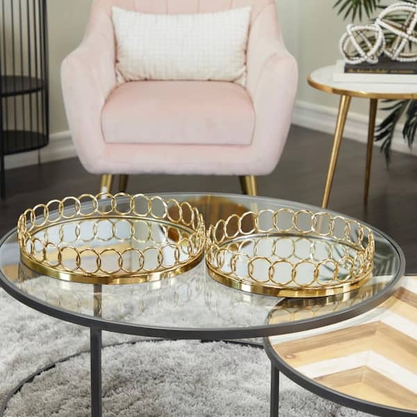 Decorative Tray Set Round Gold Circular Patterned Sides Mirrored Base