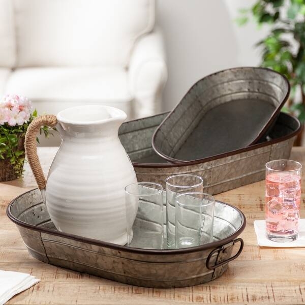 Decorative Tray Set Scalloped Rim Ribbed Texture Galvanized Finish Rustic