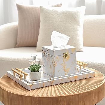 Decorative Tray Set White Marble Pattern Polished Gold Metal Handles