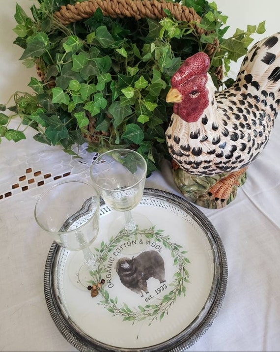 Decorative Tray Sheep Motif Ornate Filigree Rim Distressed Silver