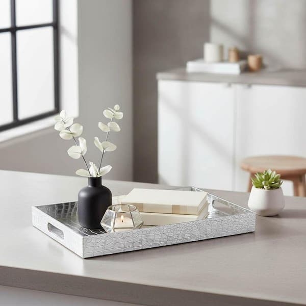 Decorative Tray Silver Frame Gray Pebbled Insert, Coffee Table Tray Decor