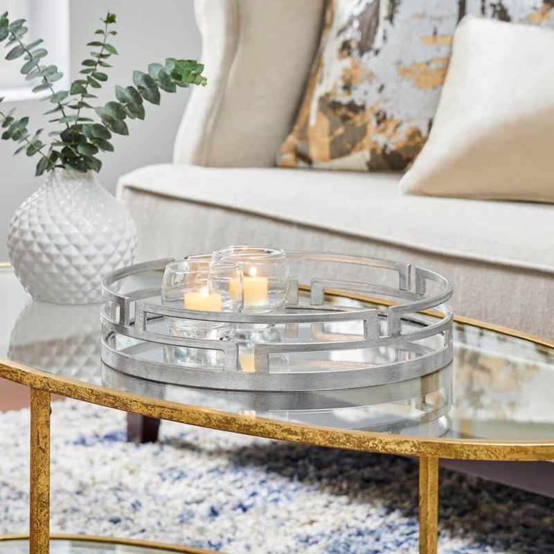 Decorative Tray Silver Honeycomb Fretwork Round Mirrored Modern