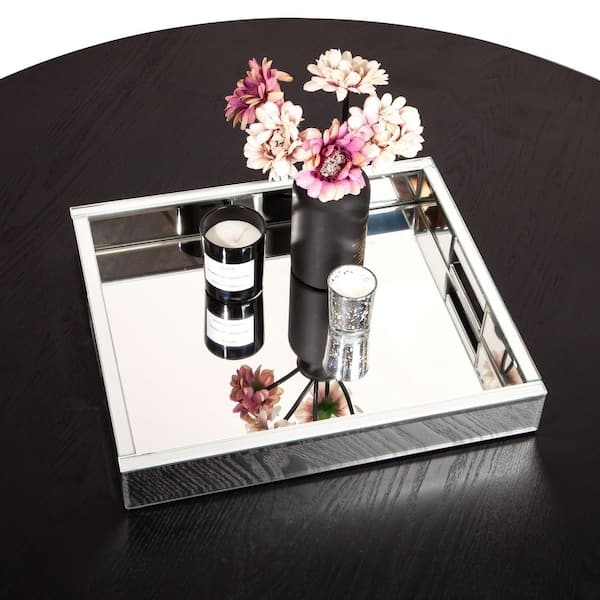 Decorative Tray Silver Mirrored Base Faceted Beads Glam Vanity Decor