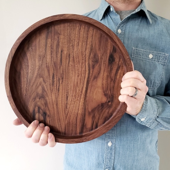Decorative Tray, Smooth Walnut Wood, Low Profile Rim, Organic Design