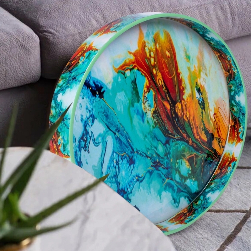 Decorative Tray Spectrum Gradient Gold Toned Rim Round Shape Modern
