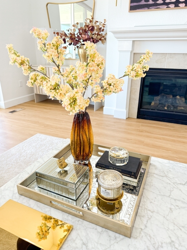 Decorative Tray Square Dark Brown Leather-like Gold Stripe Mirrored