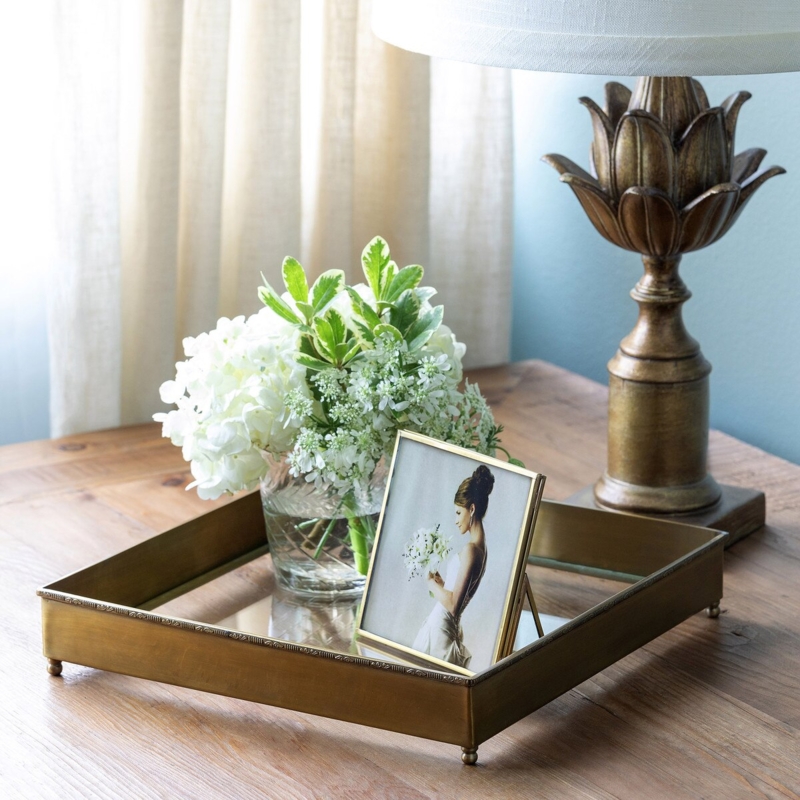 Decorative Tray Square Glass Base Brass Frame Escritoire Style Polished