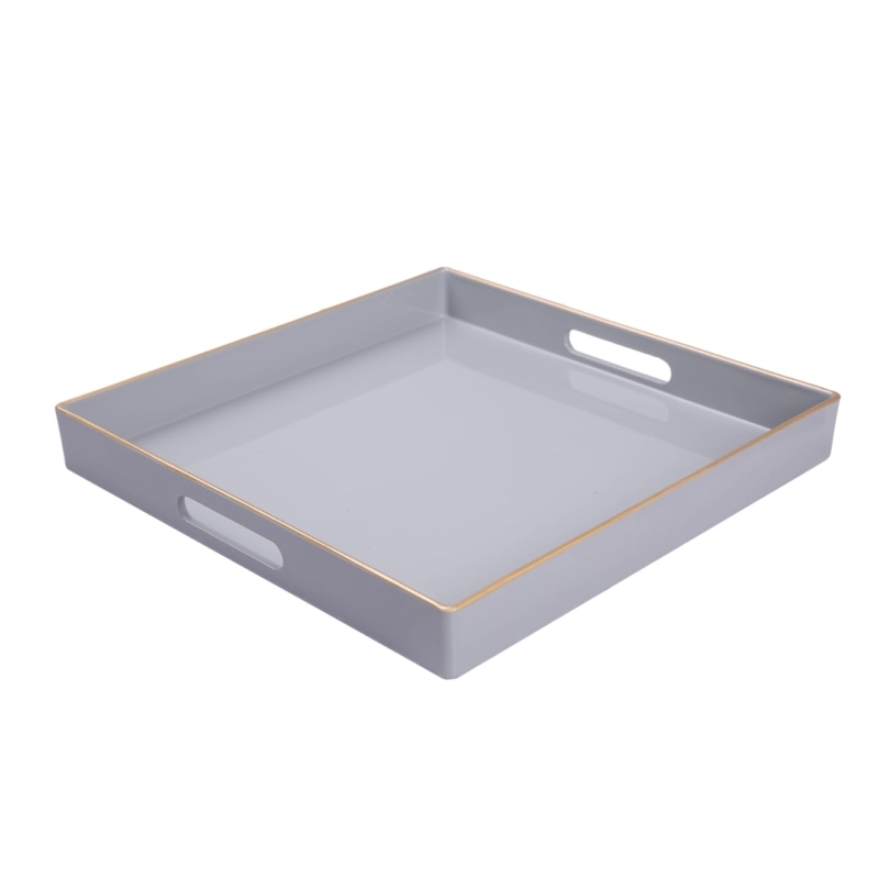 Decorative Tray, Square Gray Faux-Shagreen with Polished Gold Handles