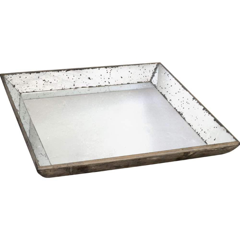 Decorative Tray Square Mirrored Distressed Lattice Sides Vintage Style