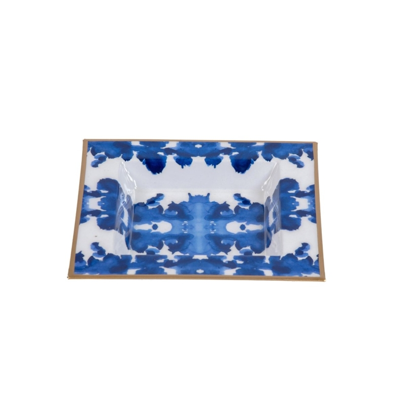 Decorative Tray Square White and Blue Ink Blot Enamel Gold Rim