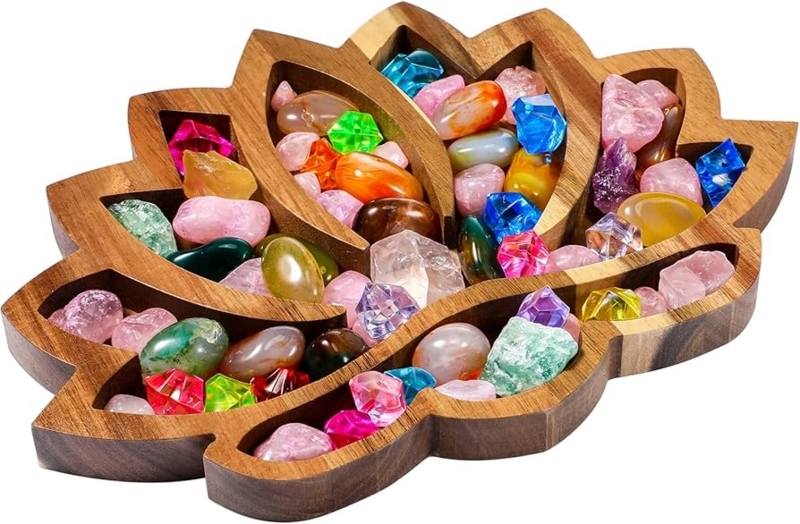 Decorative Tray: Tiered Carving, Dark Wood Finish, Lotus Crystal Display