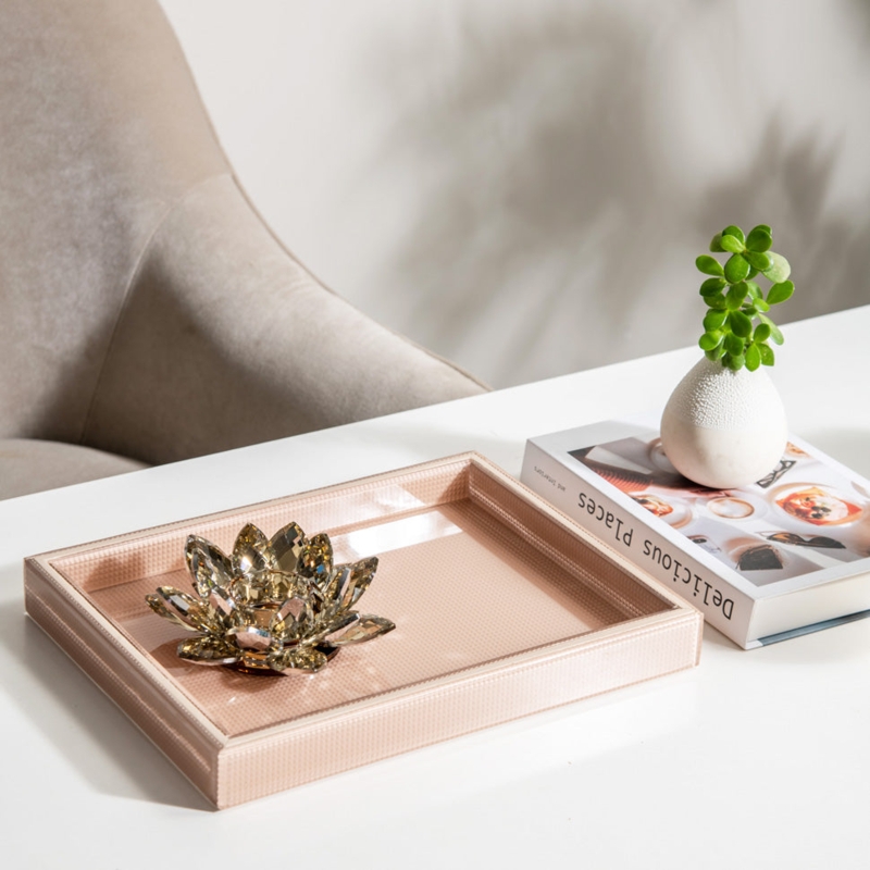 Decorative Tray Translucent Square Glass Ribbed Texture Rounded Corners