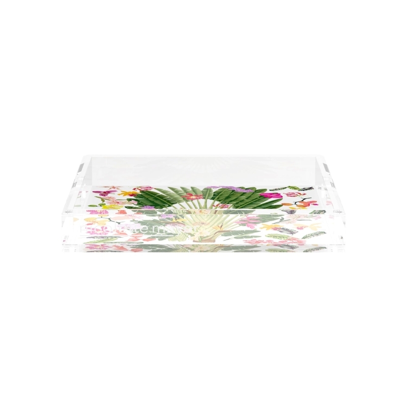 Decorative Tray Tropical Parrot Print White Acrylic Frame Glossy Finish Colorful Coffee Table