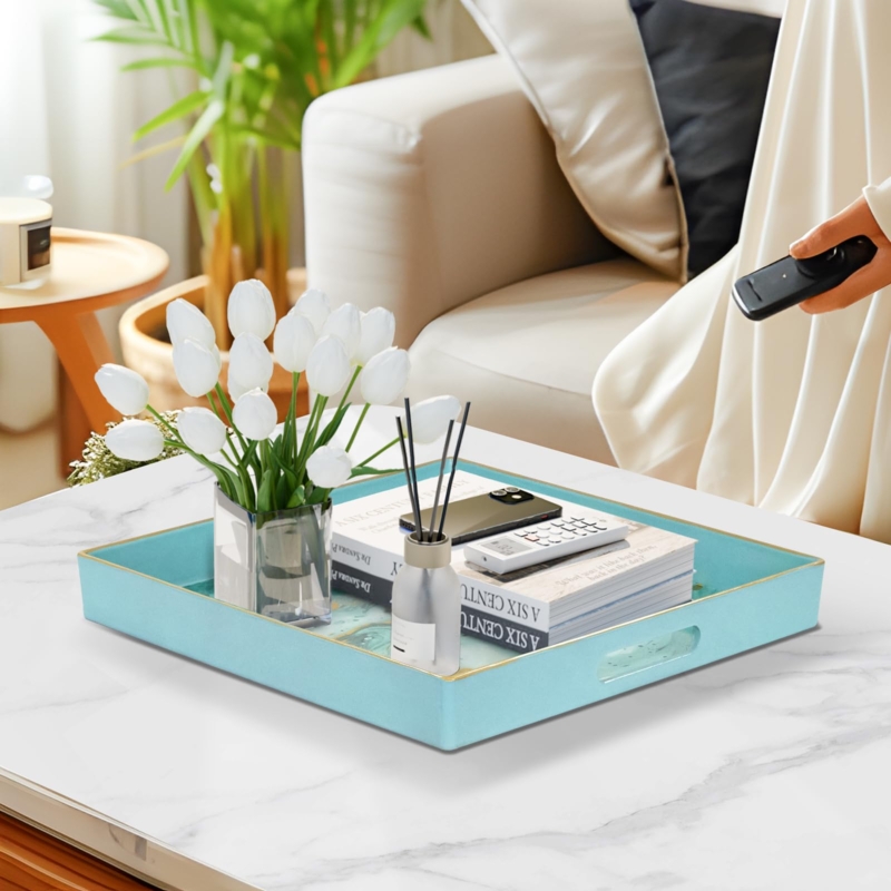 Decorative Tray Turquoise Marbling Gold Cutout Handles Centerpiece