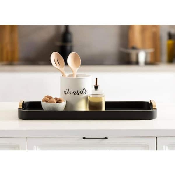 Decorative Tray, Two-Tone Black and Wood for Contemporary Coffee Table Decor