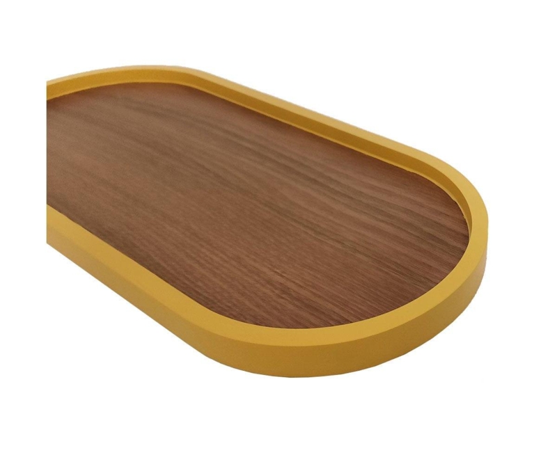 Decorative Tray Two Tone Design White Wood Oval Cutout Handles
