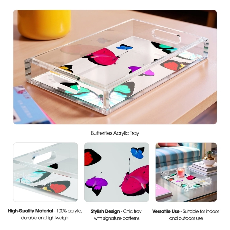Decorative Tray Vibrant Butterfly Motif Clear Acrylic Frame Eclectic