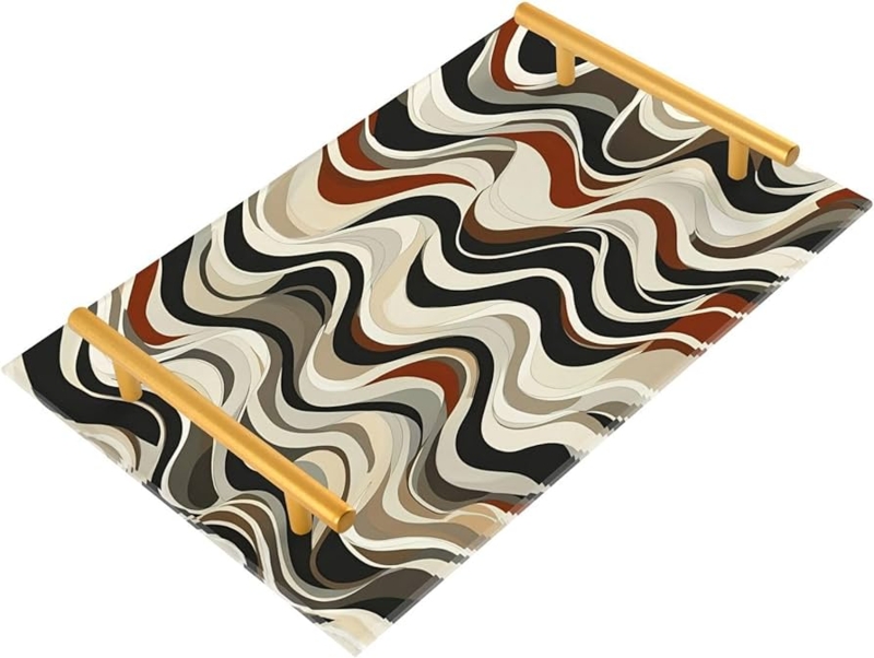 Decorative Tray Wavy Line Pattern White Gold Polished Metal Handles