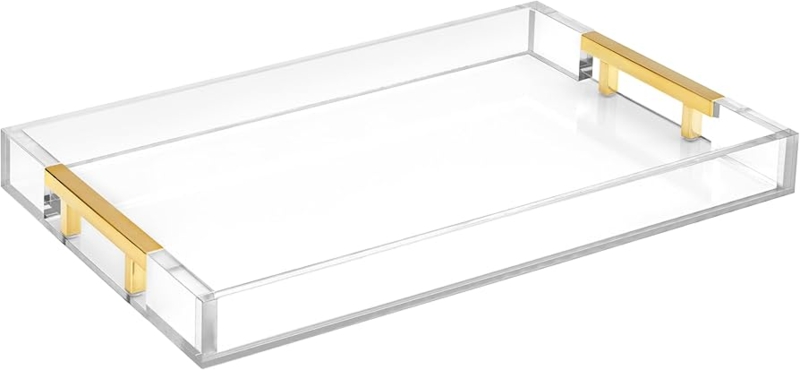 Decorative Tray White Base Acrylic Sides Gold Handles Vanity Decor