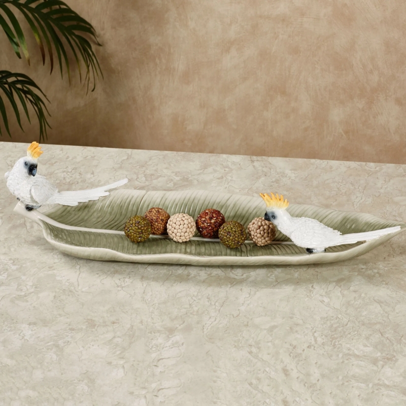 Decorative Tray White Cockatoo Sculptures Palm Leaf Motif Matte Finish Coastal Centerpiece Styling