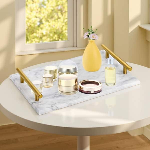 Decorative Tray White Marble Rectangular Gold Handles Glam Vanity