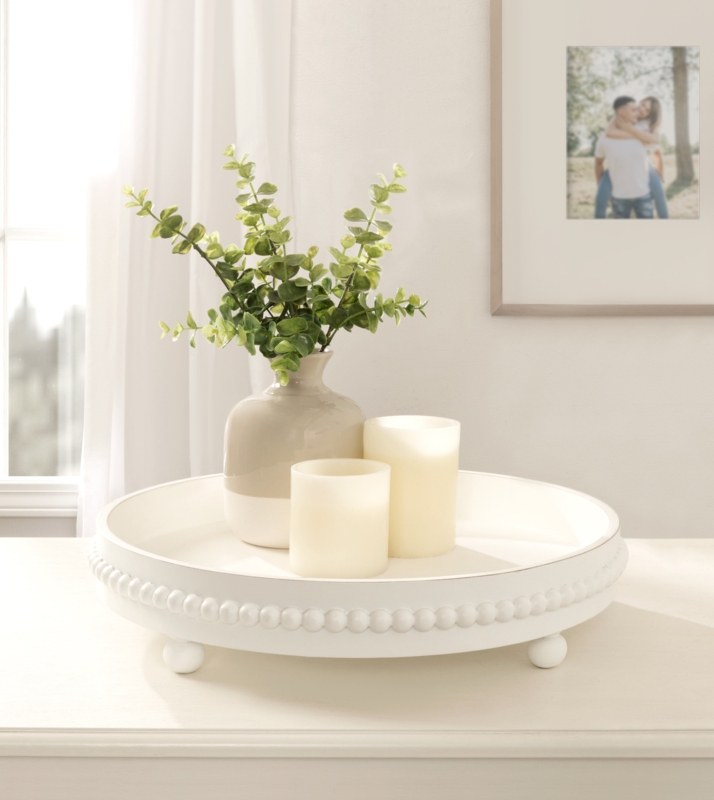 Decorative Tray White Ribbed Pedestal Base Modern Centerpiece