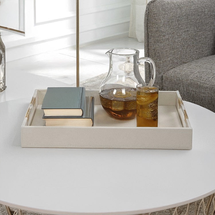 Decorative Tray: White Shagreen Round Shape, Gold Handles Glam Styling
