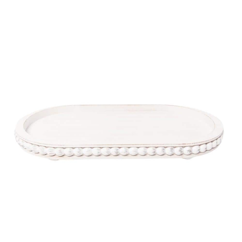 Decorative Tray Whitewashed Finish Beaded Edge Farmhouse Kitchen Decor