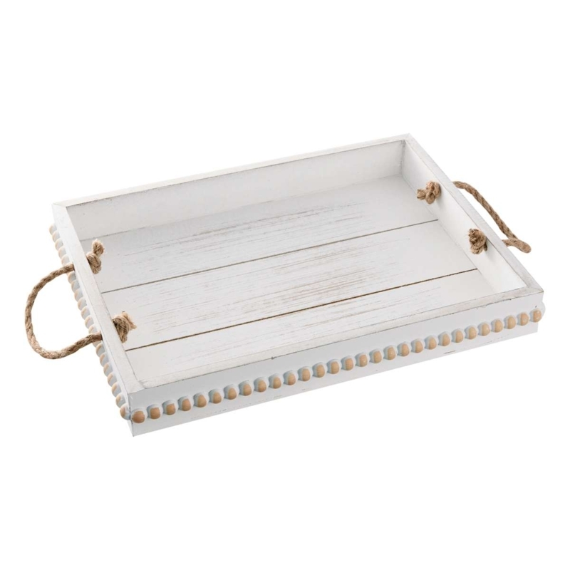 Decorative Tray Whitewashed Wood Rope Handles Coastal Farmhouse Decor