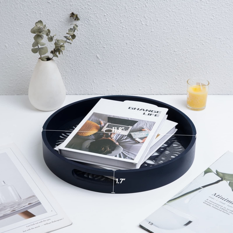 Decorative Tray Whitewashed Wood, Round with Integrated Handles