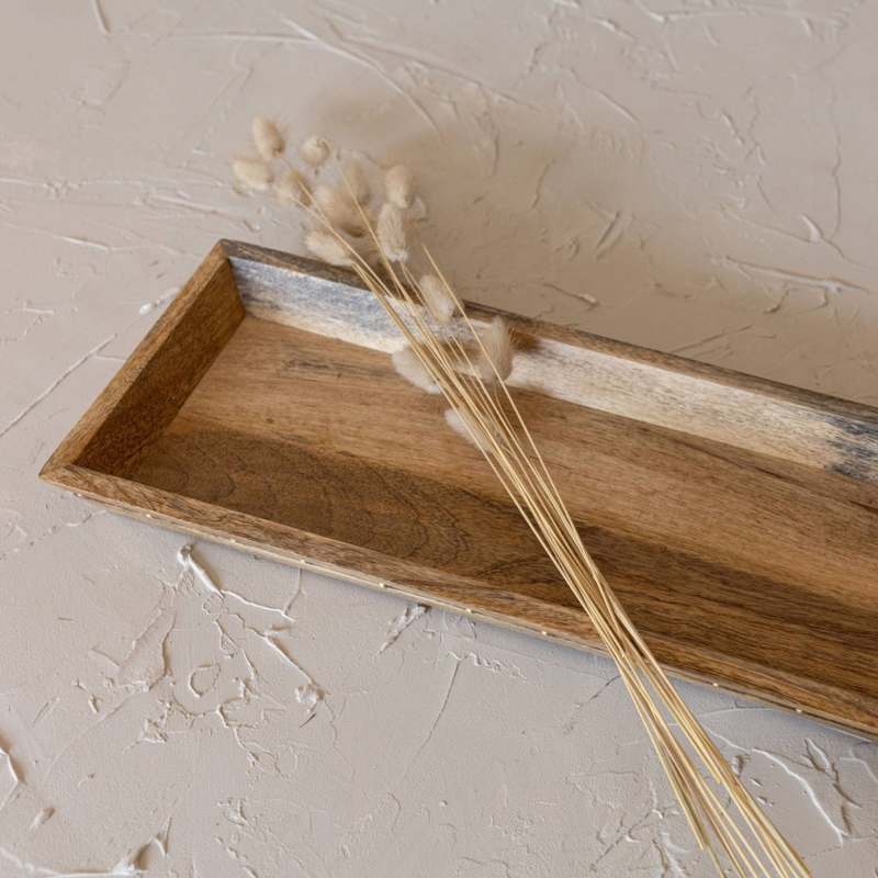 Decorative Tray with Beaded Rim and Cutout Handles in Wood Tone