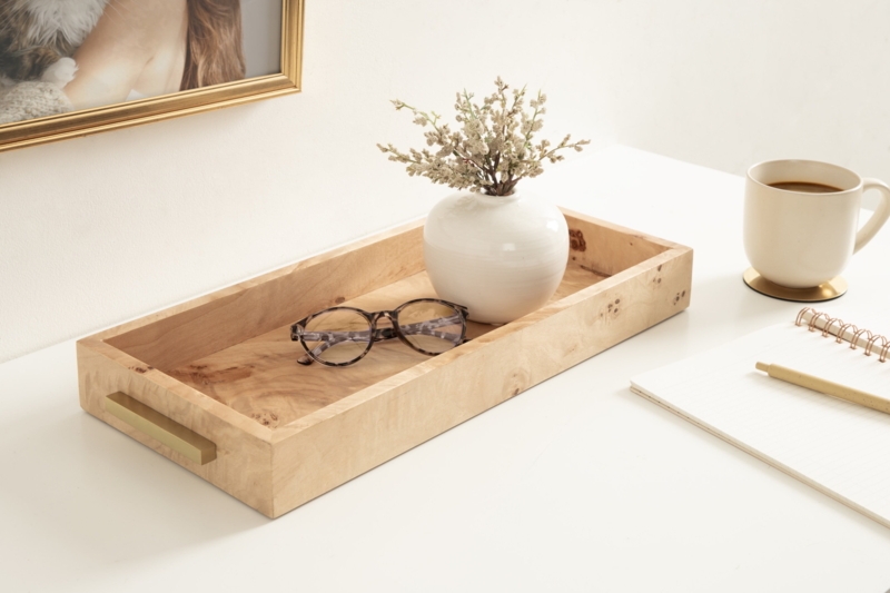 Decorative Tray with Burlwood Pattern and Gold Handles, Transitional Styling