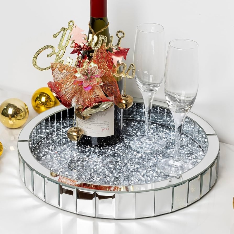 Decorative Tray with Crushed Diamond Rim, Glam Mirrored Vanity Tray