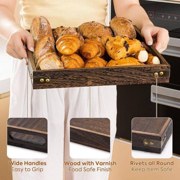 Decorative Tray with Cutout Handles and Rustic Wood Finish