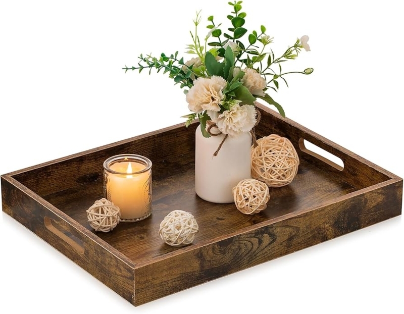 Decorative Tray with Cutout Handles in Rustic Brown Farmhouse Style