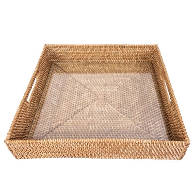 Decorative Tray with Glass Insert and Metal Handles