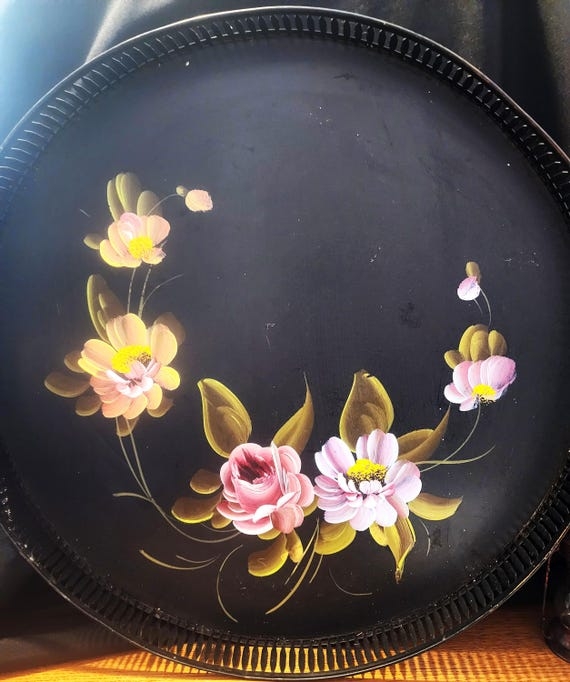 Decorative Tray with Gold Accent Border and Vintage Folk Art Painting