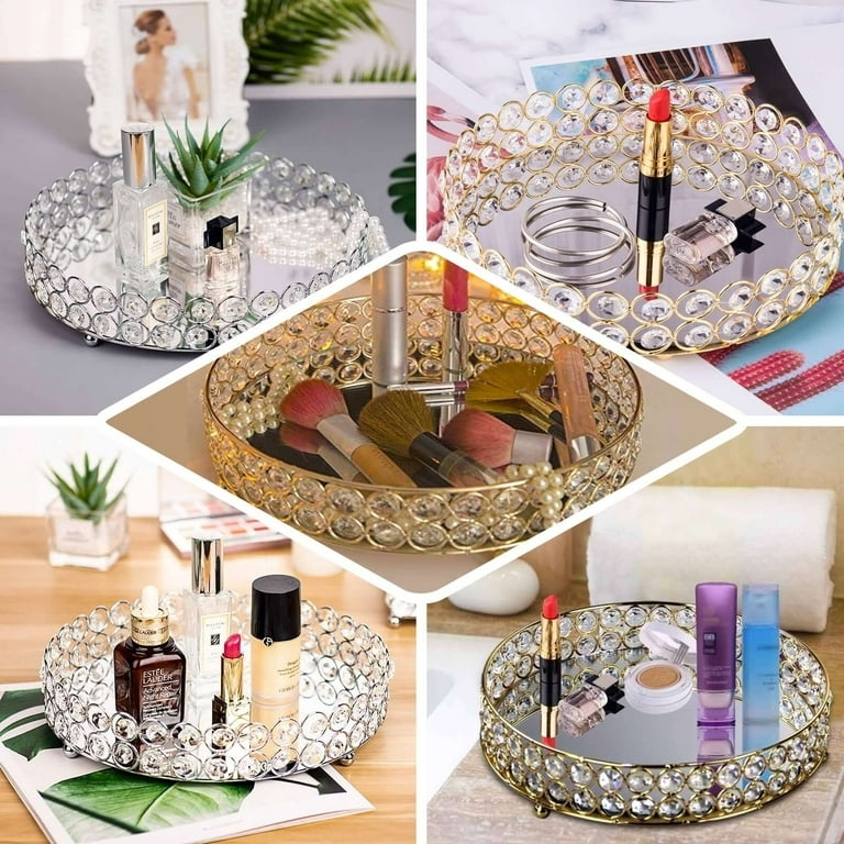 Decorative Tray with Mirrored Base & Faceted Beads, Elegant Vanity