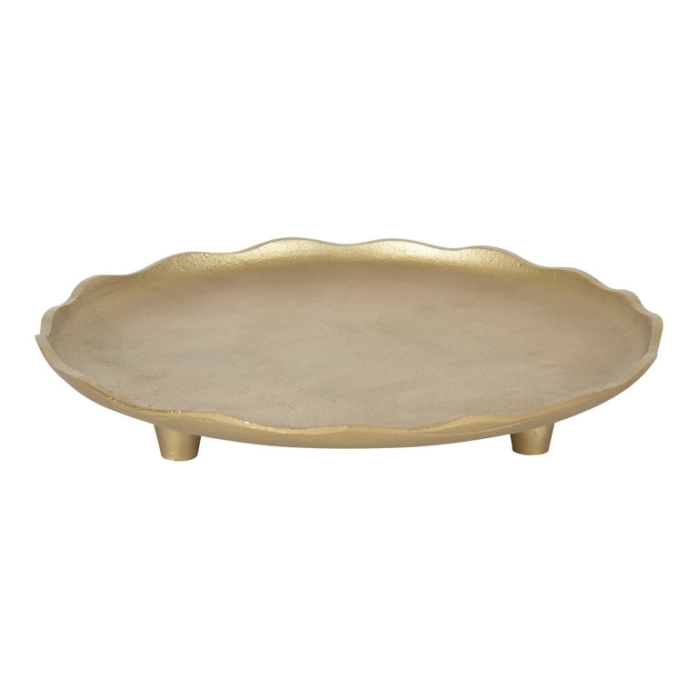 Decorative Tray with Scalloped Edge and Pedestal Base in Textured Gold