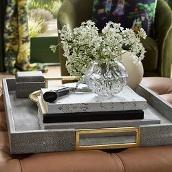 Decorative Tray with Shagreen Pattern, Brass-Toned, Integrated Handles