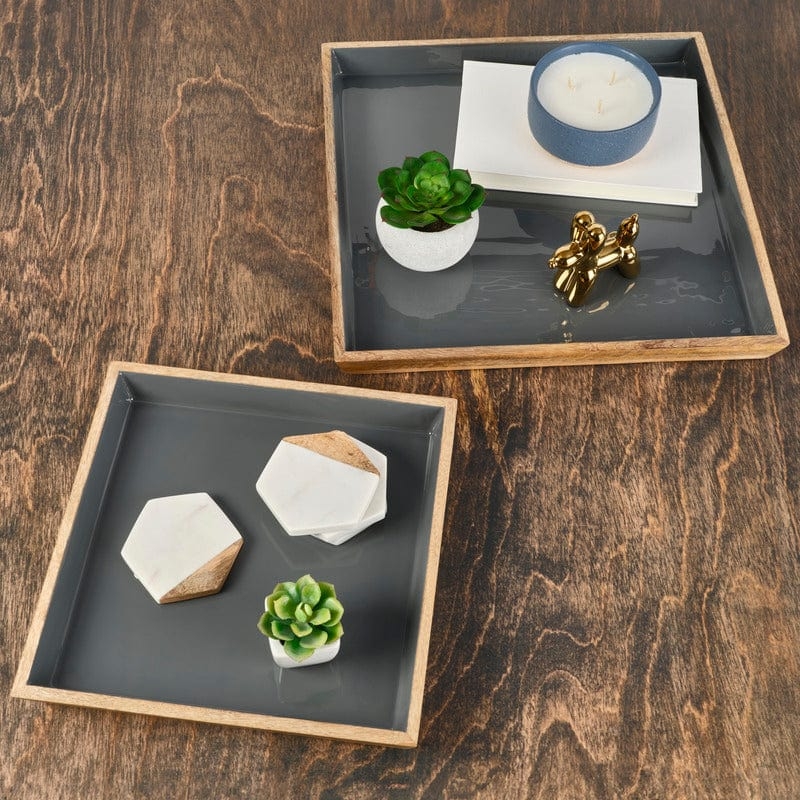 Decorative Tray with Wood Trim, Square Shape, and Glossy Grey Interior