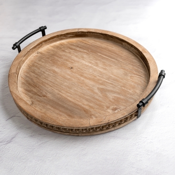 Decorative Tray, Wood and Black Metal Beaded Rim, Rustic Farmhouse Decor