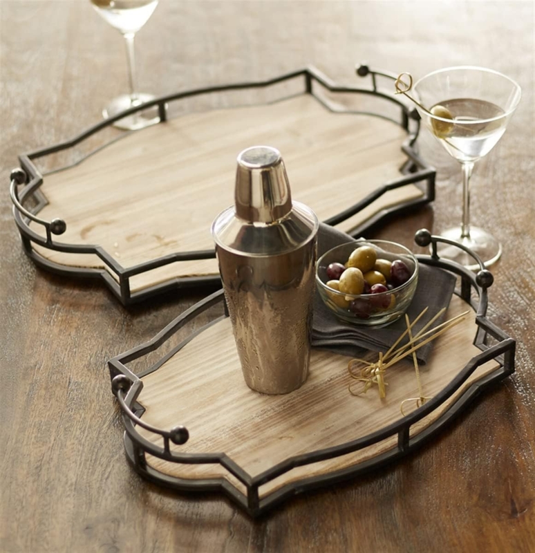 Decorative Tray Wood Iron Contrast Curved Handles Industrial Traditional Decor