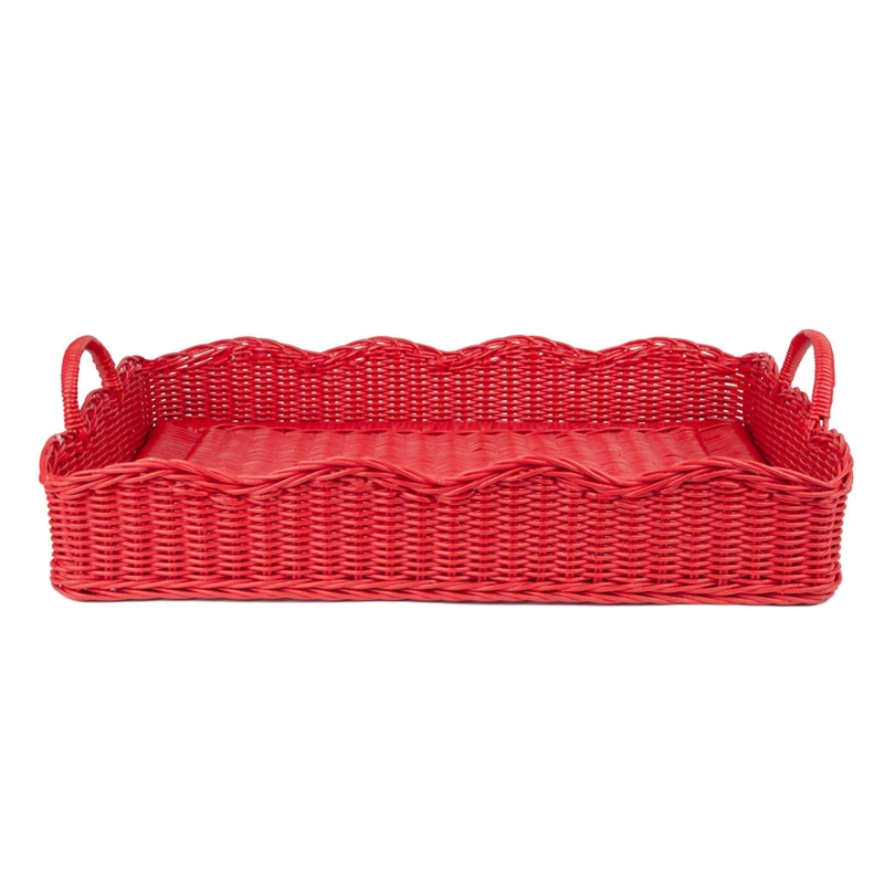 Decorative Tray, Woven Rattan Cane Construction with Scalloped Edge