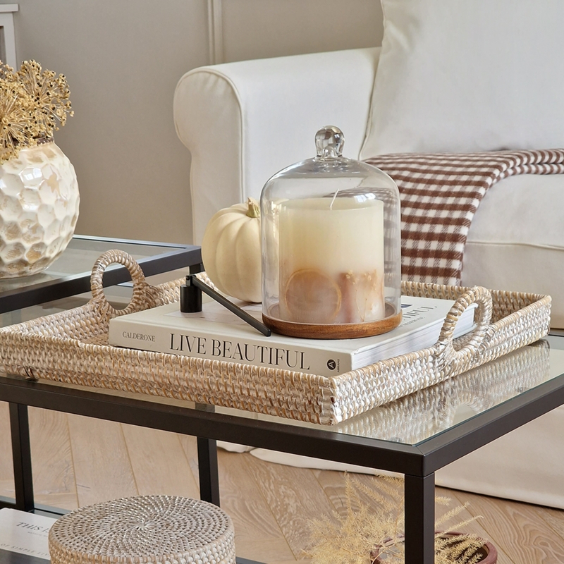 Decorative Tray Woven Rattan Shell Inlay Coastal Coffee Table Styling