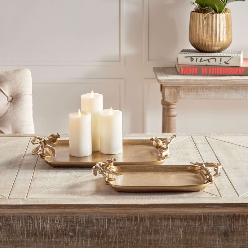 Decorative Trays Antique Gold Finish Pomegranate Branch Handles Set